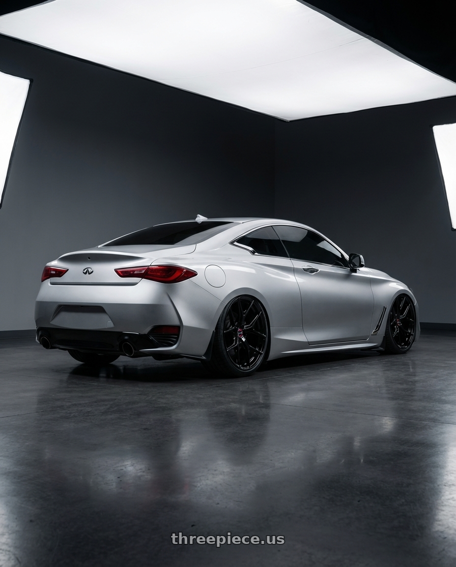 2020 Infiniti Q60 with Vossen HF-5 20x10.5 / 5x114.3 / ET45 / Deep Face / 73.1 -GB - Gloss Black Wheel - HF5-0N10 wheels rear three quarter view slight stretch tires