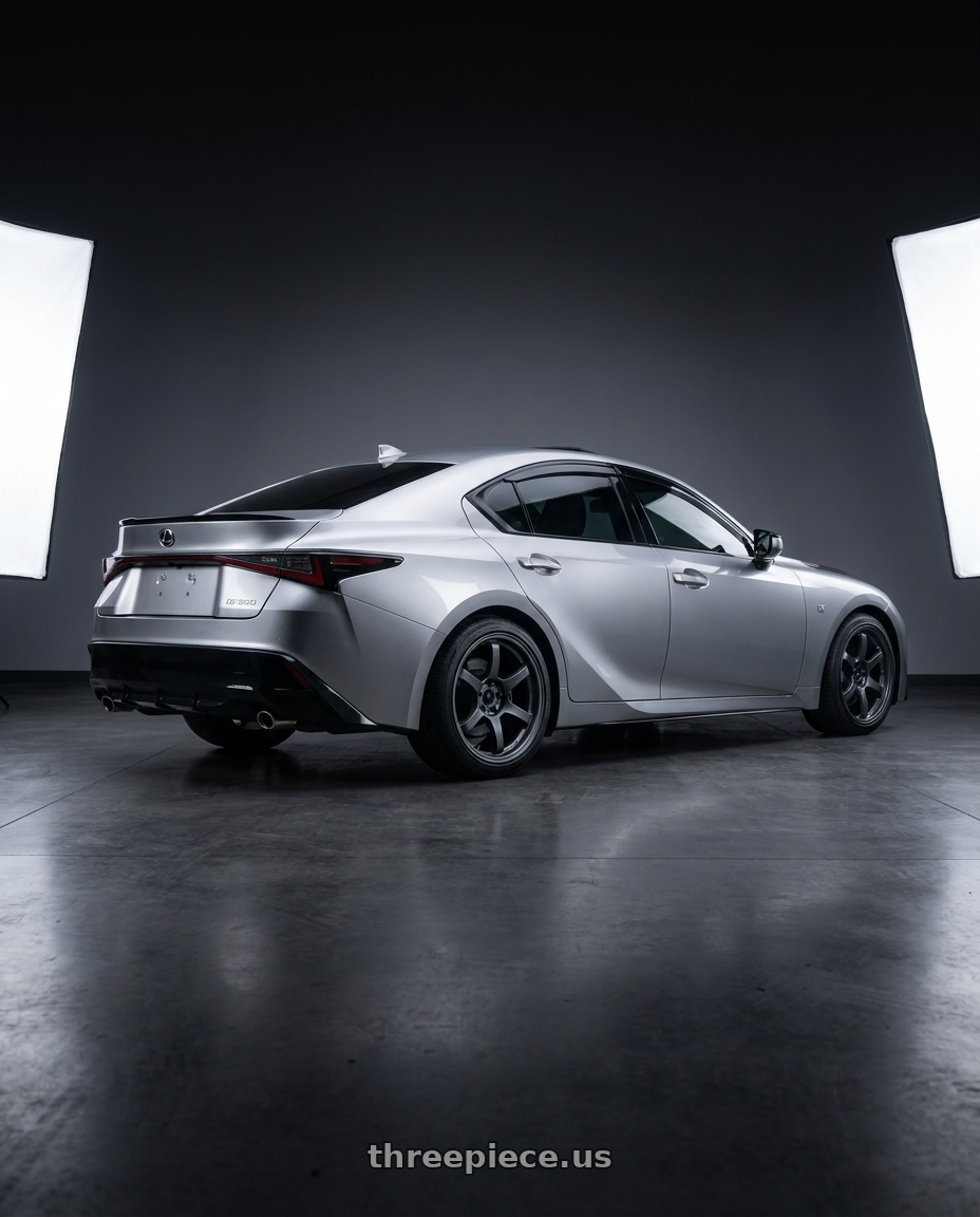 2023 Lexus is350 with Gram Lights 57DR 5x114.3 19x8.5+35 Gunblue II wheels rear three quarter view square tires