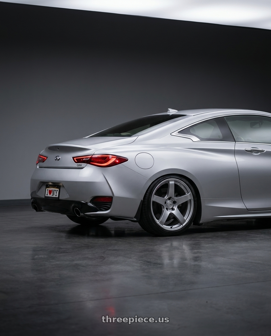 2020 Infiniti Q60 with Ssr Gtv01 5x114.3 19x8.5+38  GLARE SILVER wheels rear three quarter view square tires