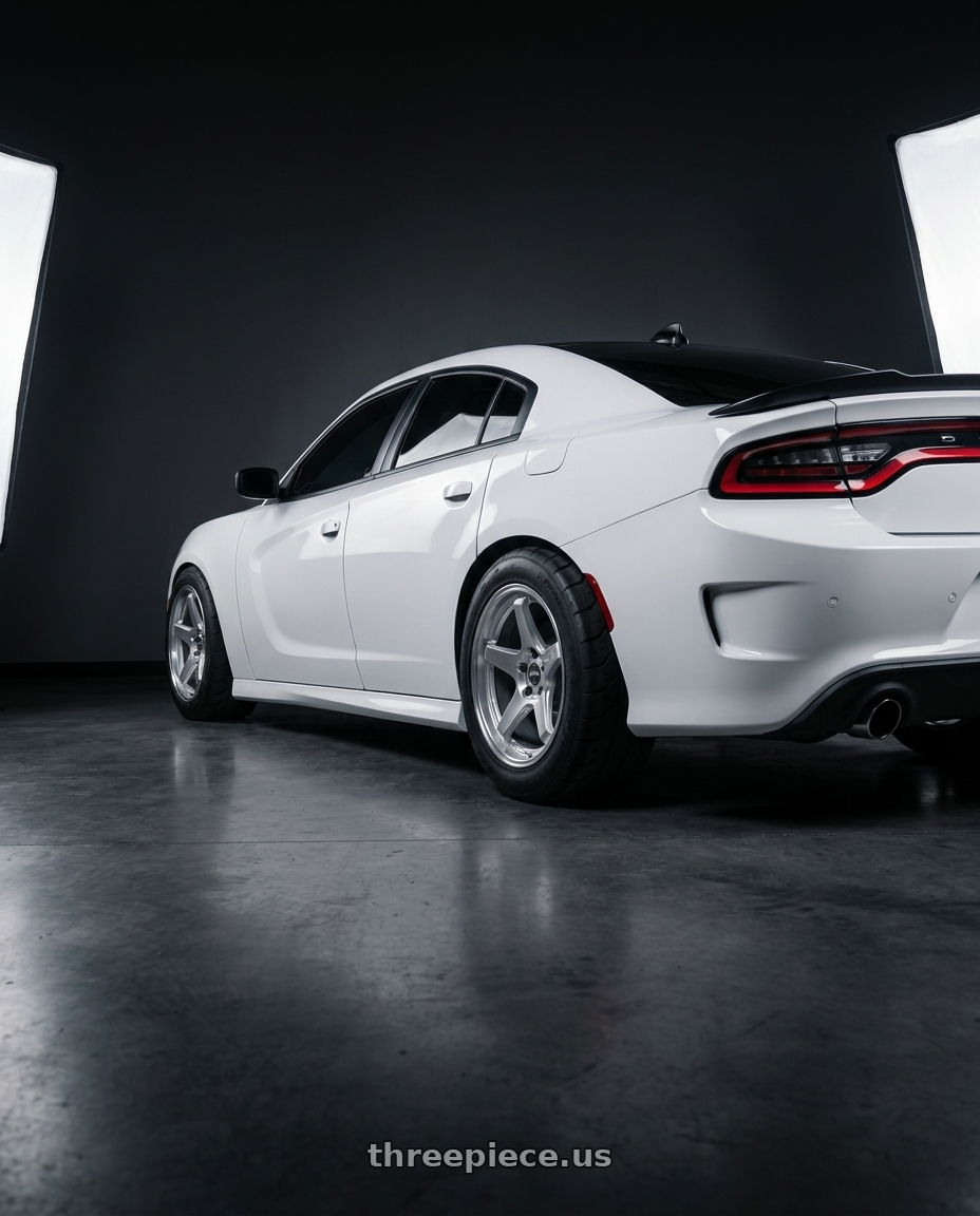 2021 dodge charger with ESR Wheels APX5C 5x115 19x9.5 +22 Hyper Silver wheels rear three quarter view meaty tires
