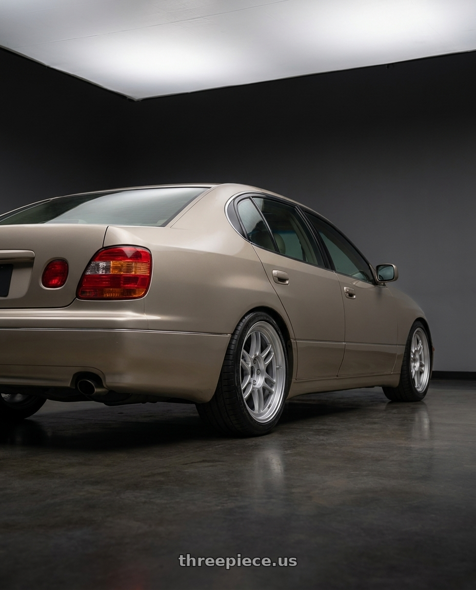 2003 lexus gs300 with Enkei RPF1 5x114.3 18x8.5+40 Silver wheels rear three quarter view square tires