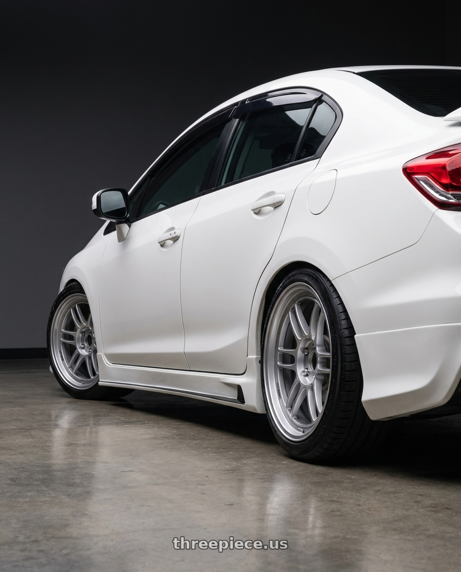 2015 Honda civic with Enkei RPF1 5x114.3 18x8.5+40 Silver wheels rear three quarter view slight stretch tires