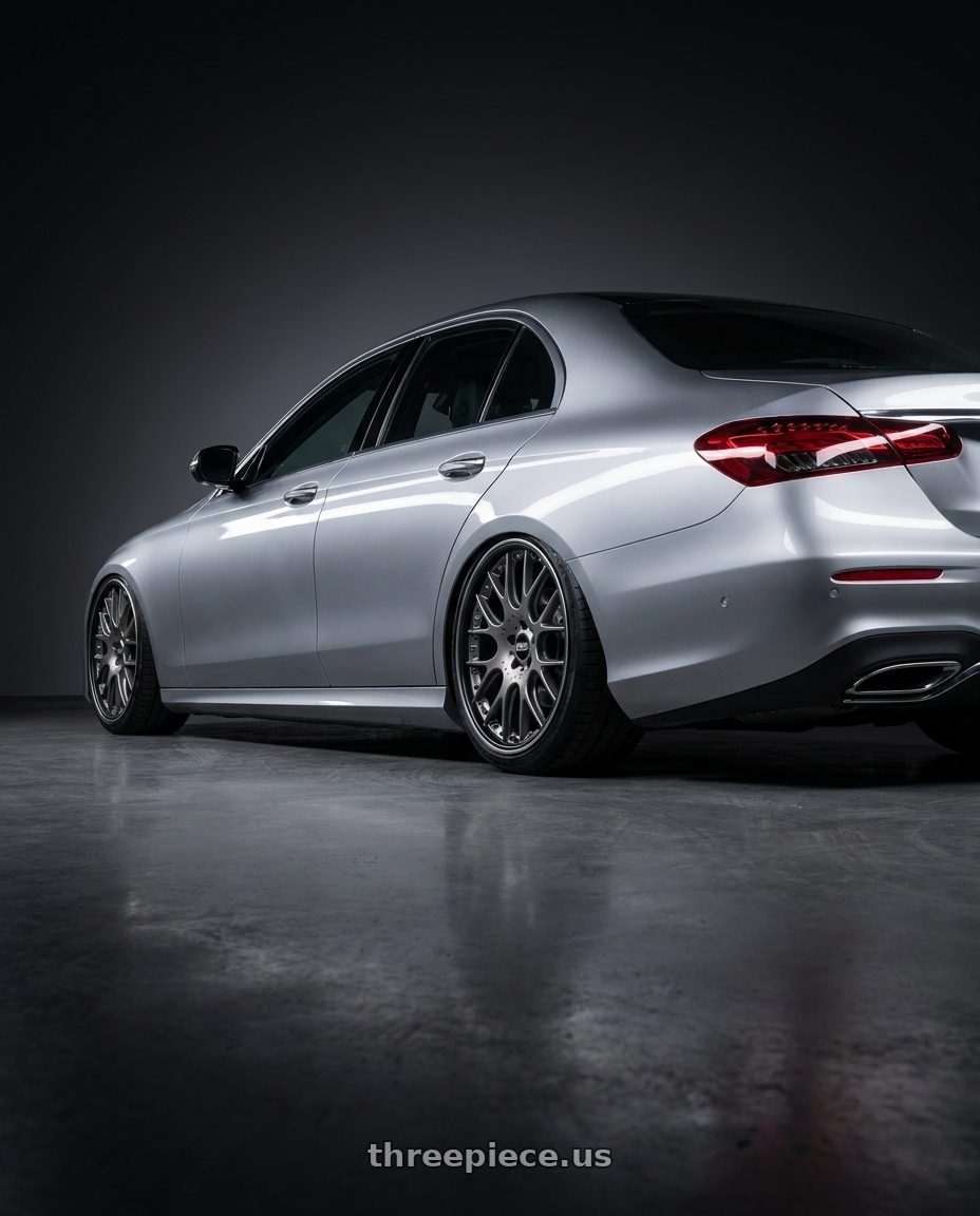 2022 Mercedes E class with BBS CH-RII 5x112 20x9 +30 Satin Platinum Center Black Lip Stainless Steel Rim Prot wheels rear three quarter view slight stretch tires