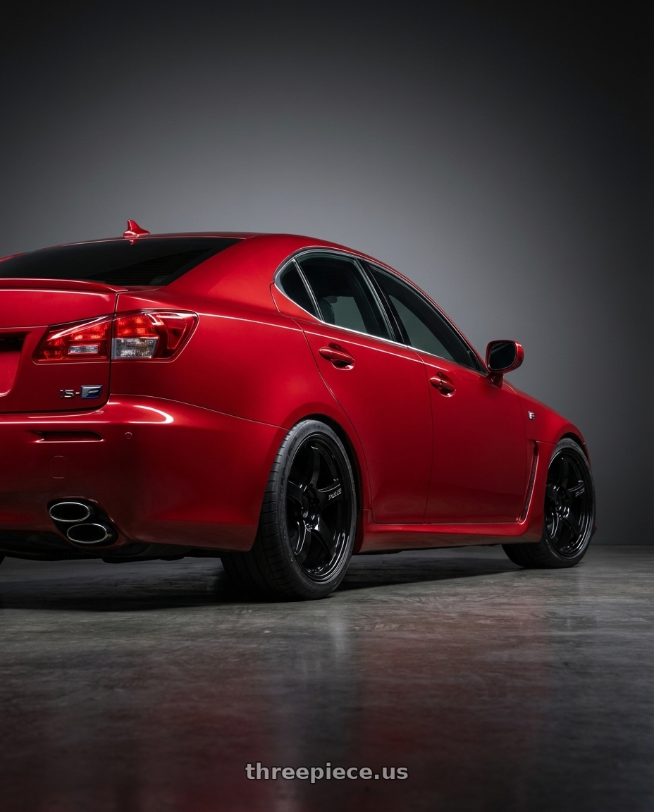 2012 Lexus IS-F with Gram Lights 57CR 5x114.3 19x10.5+12 Glossy Black wheels rear three quarter view square tires