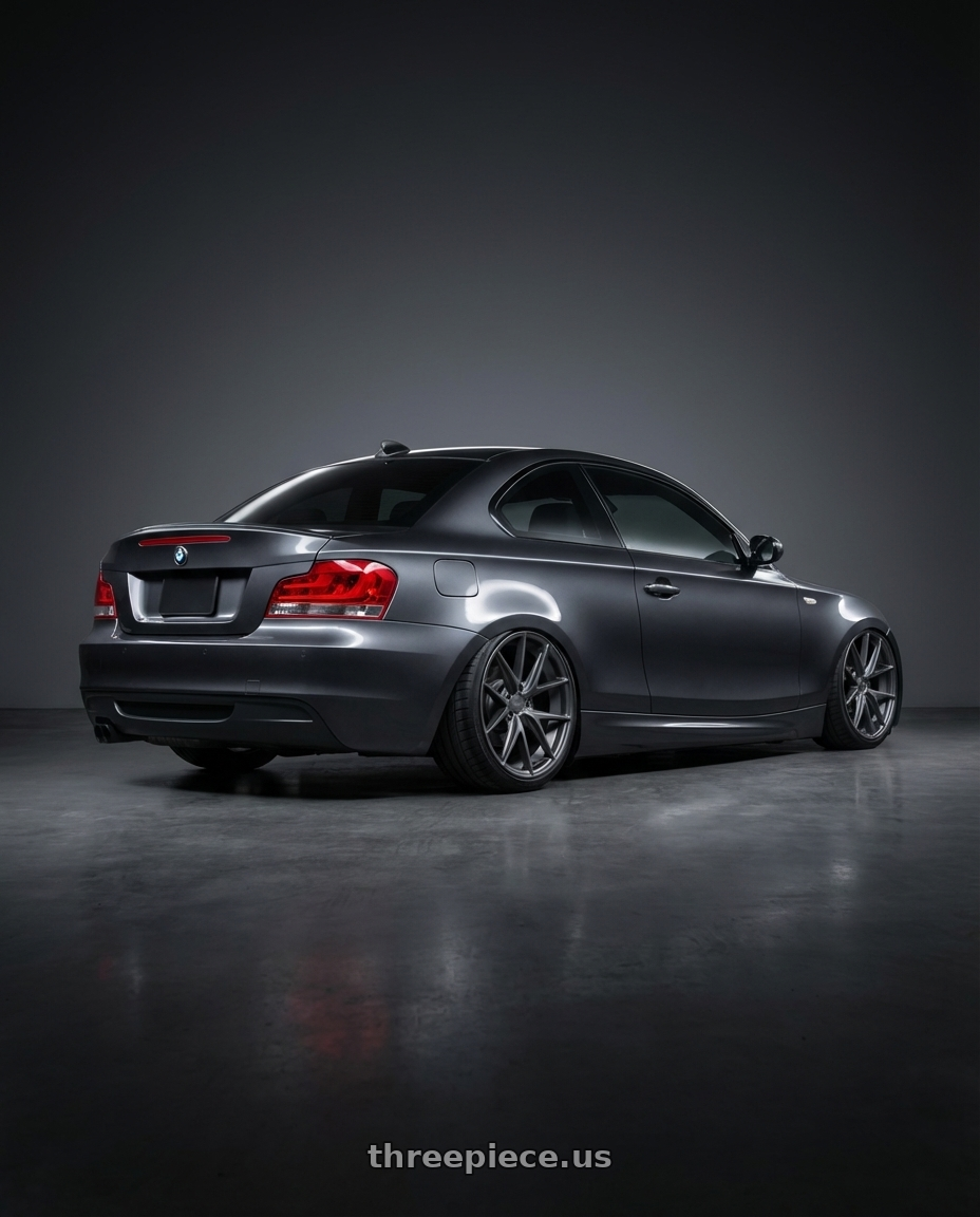 2012 BMW 1 Series E82 with Niche 1PC M116 MISANO 5X120 19X9.5 +35 MATTE GUN METAL wheels rear three quarter view slight stretch tires