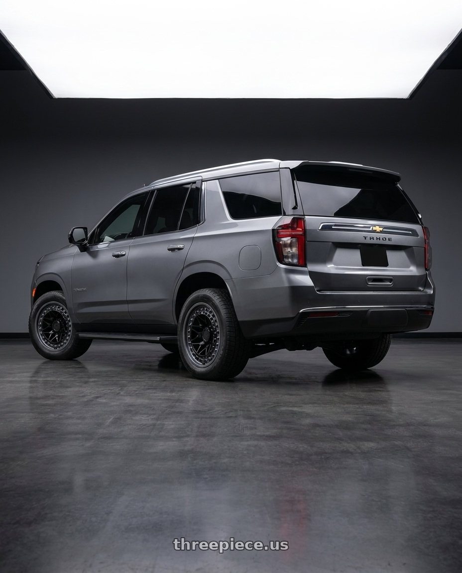 2021 Chevrolet Tahoe LS with Black Rhino ALPHA 6X139.7 18X9 +20 MATTE BLACK W/ GUNMETAL LIP wheels rear three quarter view square tires