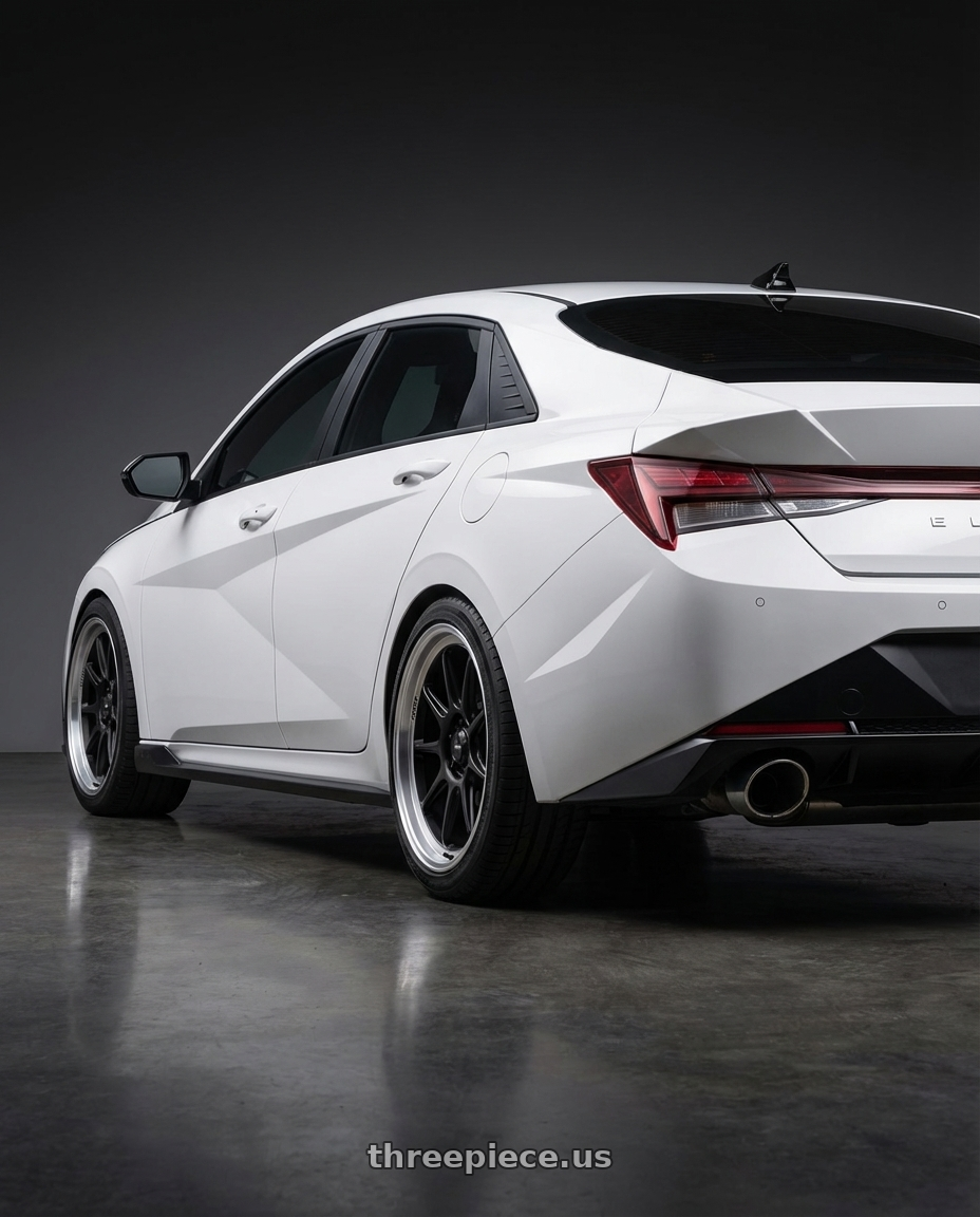 2024 Hyundai Elantra N with Konig Countergram 5x114.3 19x10+25 Matte Black / Matte Machined Lip wheels rear three quarter view square tires