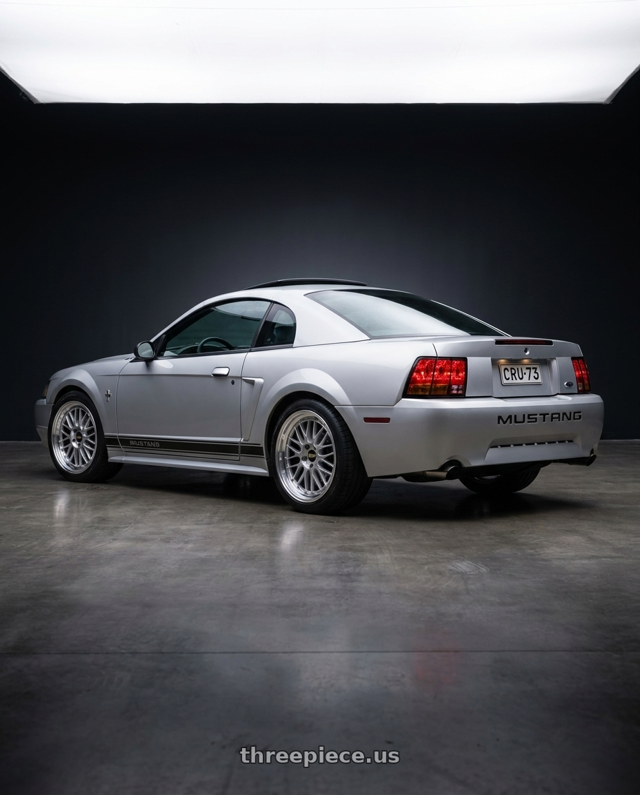 2000 ford mustang coupe with BBS LM 5x114.3 17x7.5+38 Diamond Silver wheels rear three quarter view square tires