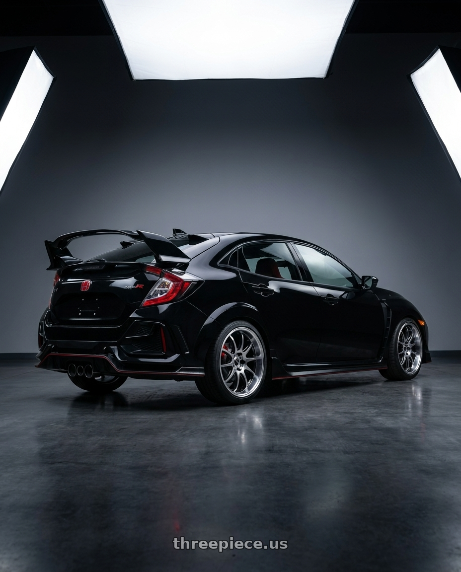 2021 Honda Civic Type R with Work Emotion D9r 5x120 19x8.5 +38 Gt Silver Rim Cut wheels rear three quarter view square tires