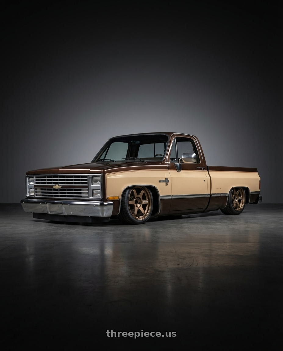 1982 Chevy c10 with Volk Racing TE37 Progressive Model 6x139.7 18x9+0 Large PCD wheels front three quarter view stanced stance