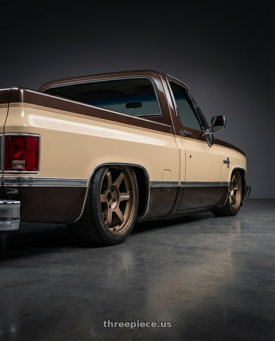 1982 Chevy c10 with Volk Racing TE37 Progressive Model 6x139.7 18x9+0 Large PCD wheels rear three quarter view square tires