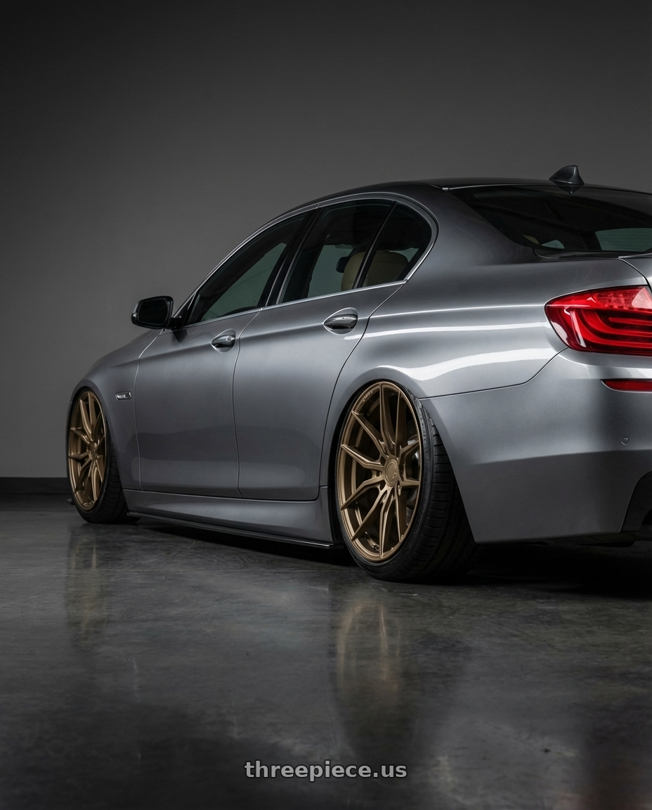 2016 BMW 5 Series F10 with Aodhan AFF1 5x120 20x9+30 Matte Bronze wheels rear three quarter view slight stretch tires