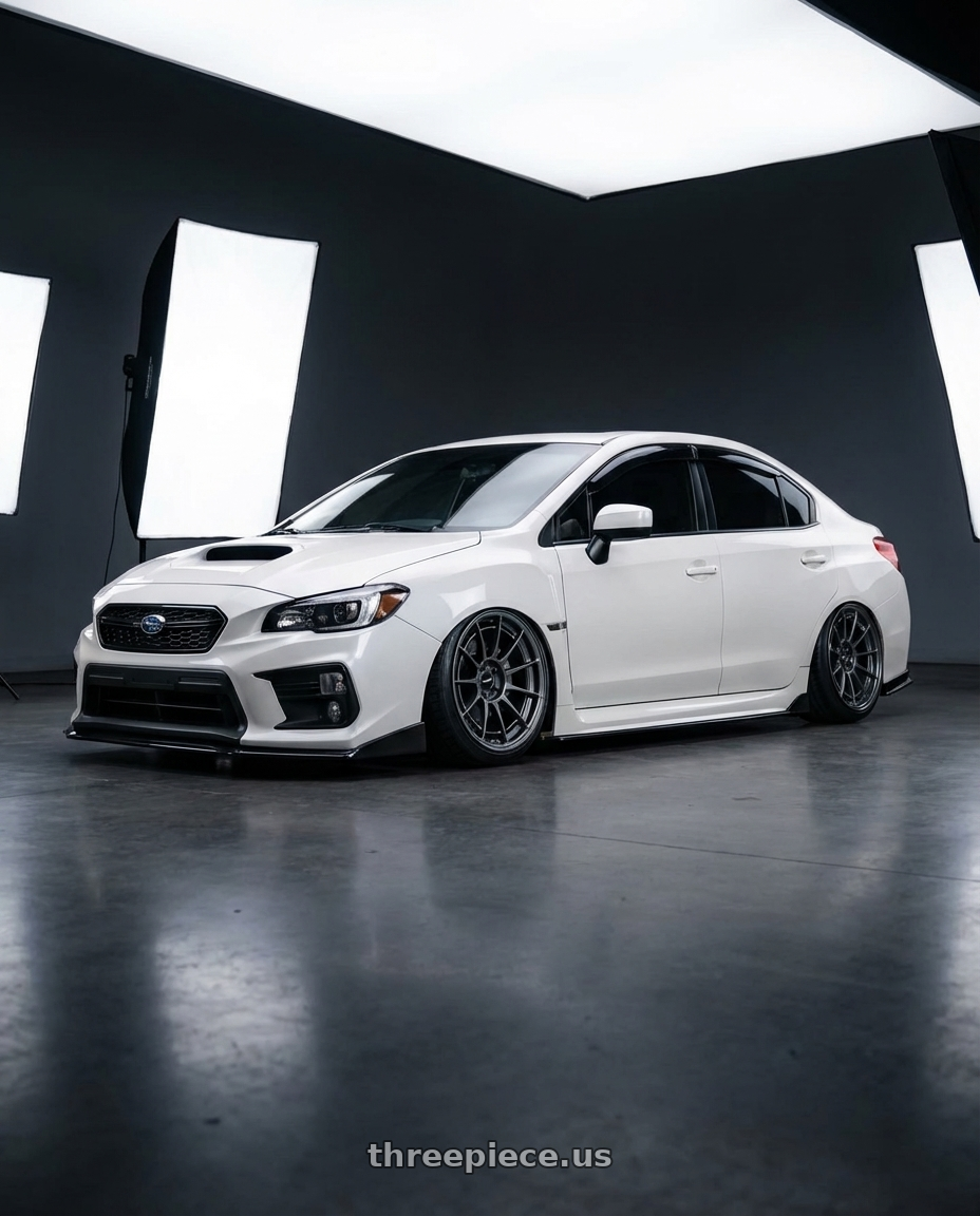 2015 Subaru wrx  with Enkei NT03RR 5x114.3 18x9.5+27 Gunmetal wheels front three quarter view stanced stance