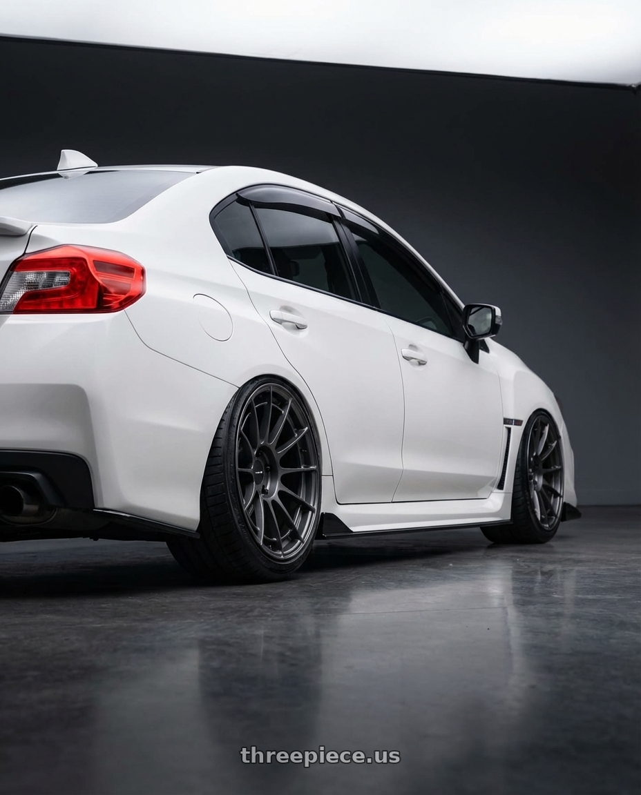 2015 Subaru wrx  with Enkei NT03RR 5x114.3 18x9.5+27 Gunmetal wheels rear three quarter view extreme stretch tires