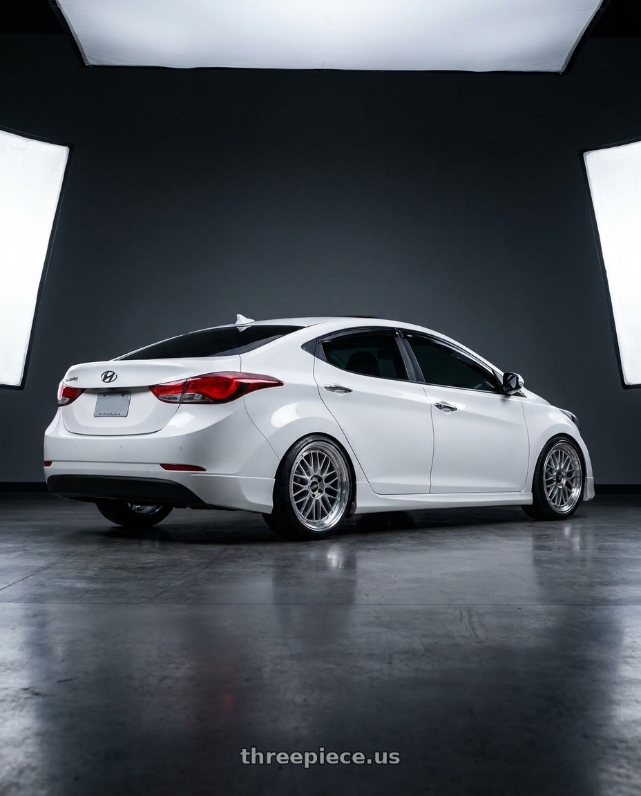 2014 hyundai elantra white with BBS LM 5x114.3 19x8.5+43 Diamond Silver wheels rear three quarter view slight stretch tires