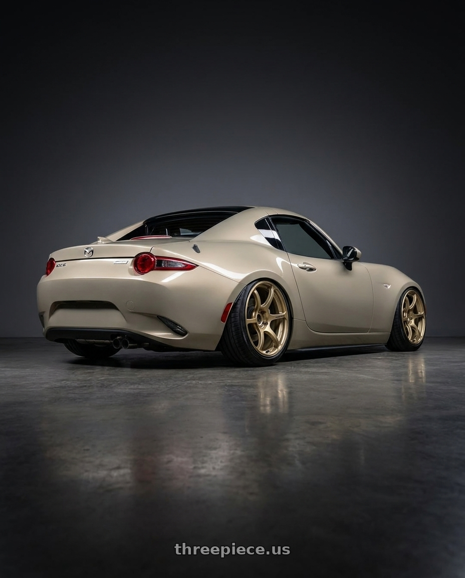 2021 Mazda MX-5 Miata ND with Advan RGIII 5x114.3 17x9.0+45 Gold wheels rear three quarter view slight stretch tires
