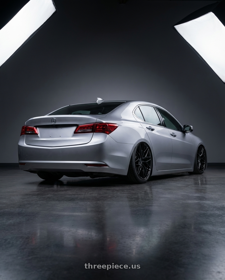2019 Acura TLX with Avant Garde Wheels M520R 5X114.3 20x11 +50 Gloss Black wheels rear three quarter view slight stretch tires