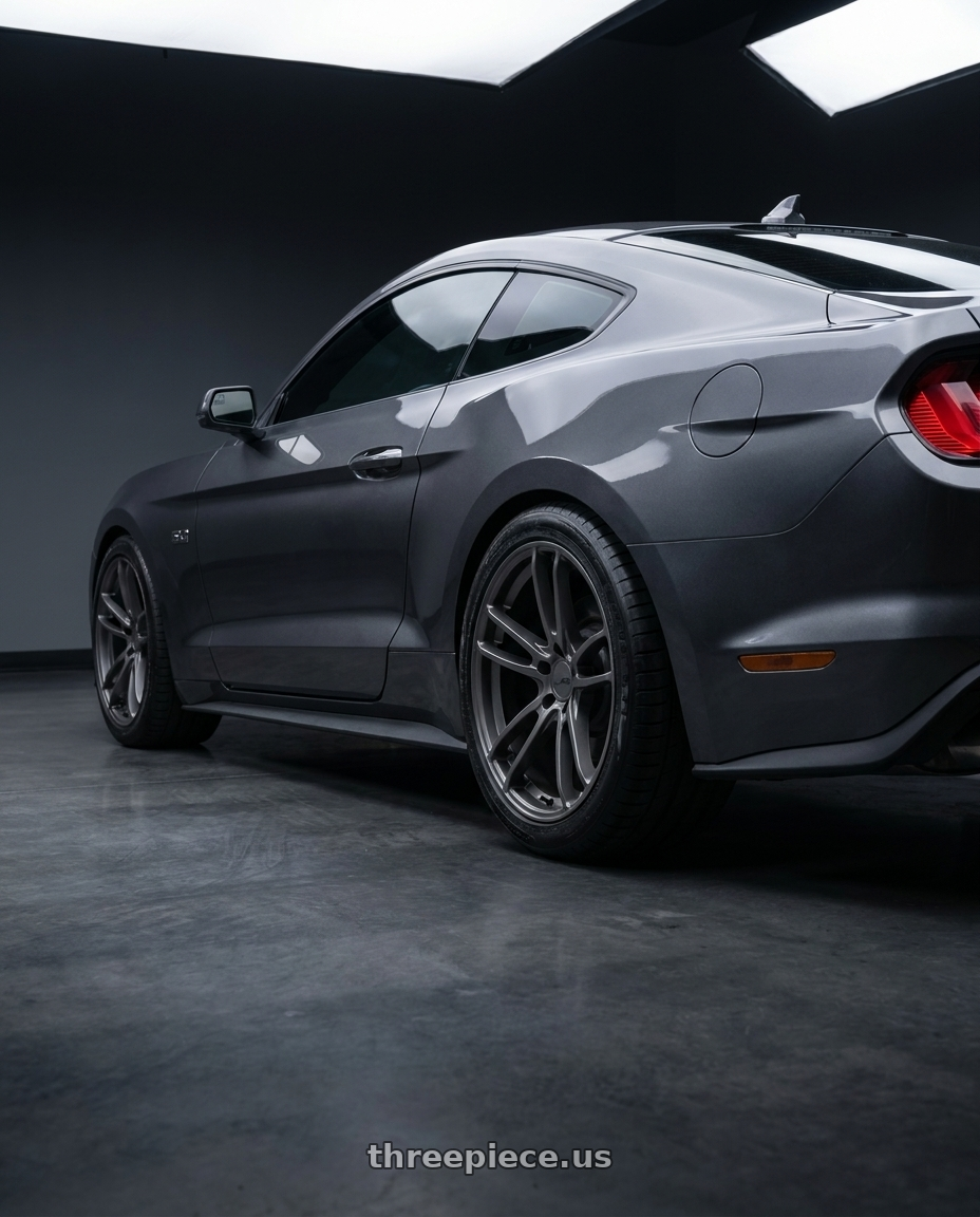 2022 Ford Mustang GT with American Racing AR941 MACH FIVE 5X114.3 19X11 +25 GRAPHITE wheels rear three quarter view square tires