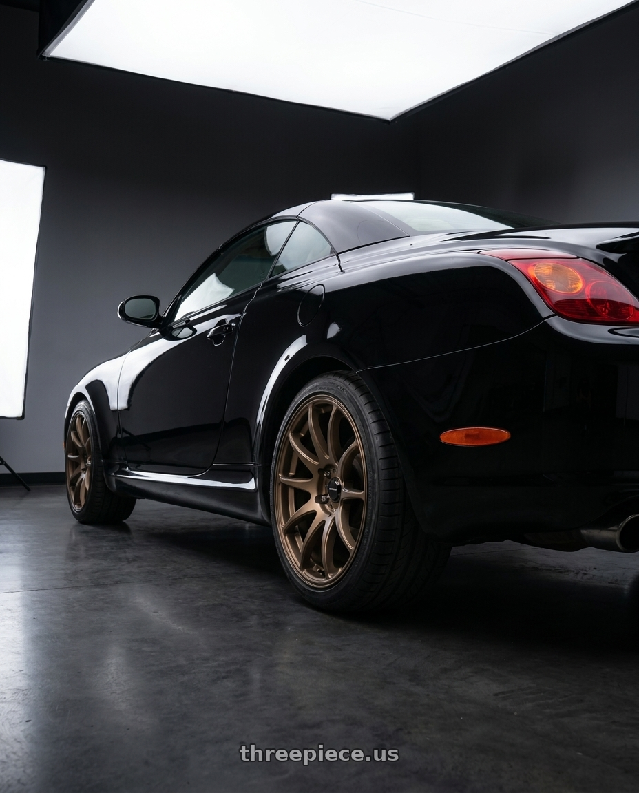 2004 Lexus SC430 black with Vors TR4 5x114.3 18x9.5 +35 Bronze wheels rear three quarter view square tires