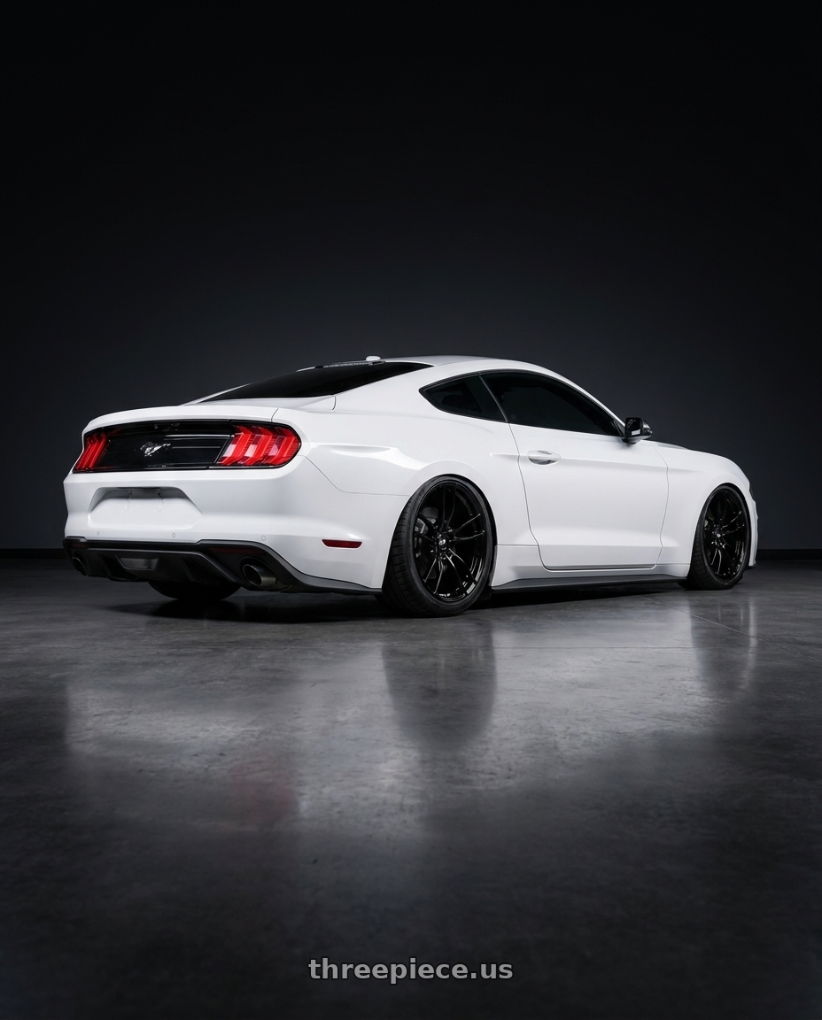 2022 Ford Mustang2.3 with P51 Wheels 101RF 5X114.3 19x10 +35 Gloss Black wheels rear three quarter view square tires