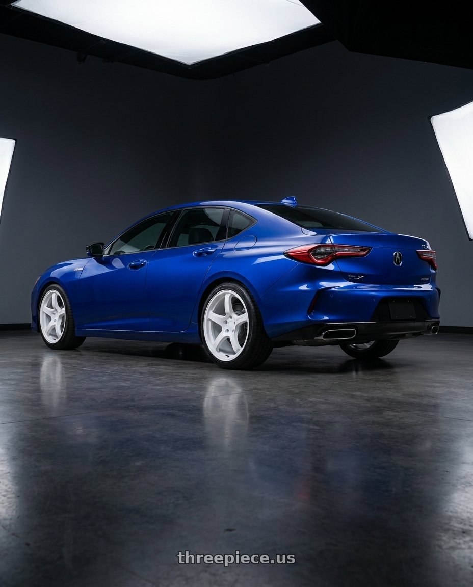 2021 Acura tlx with Gram Lights 57CR 5x120 19x9.5 +35 CERAMIC WHITE PEARL wheels rear three quarter view slight stretch tires