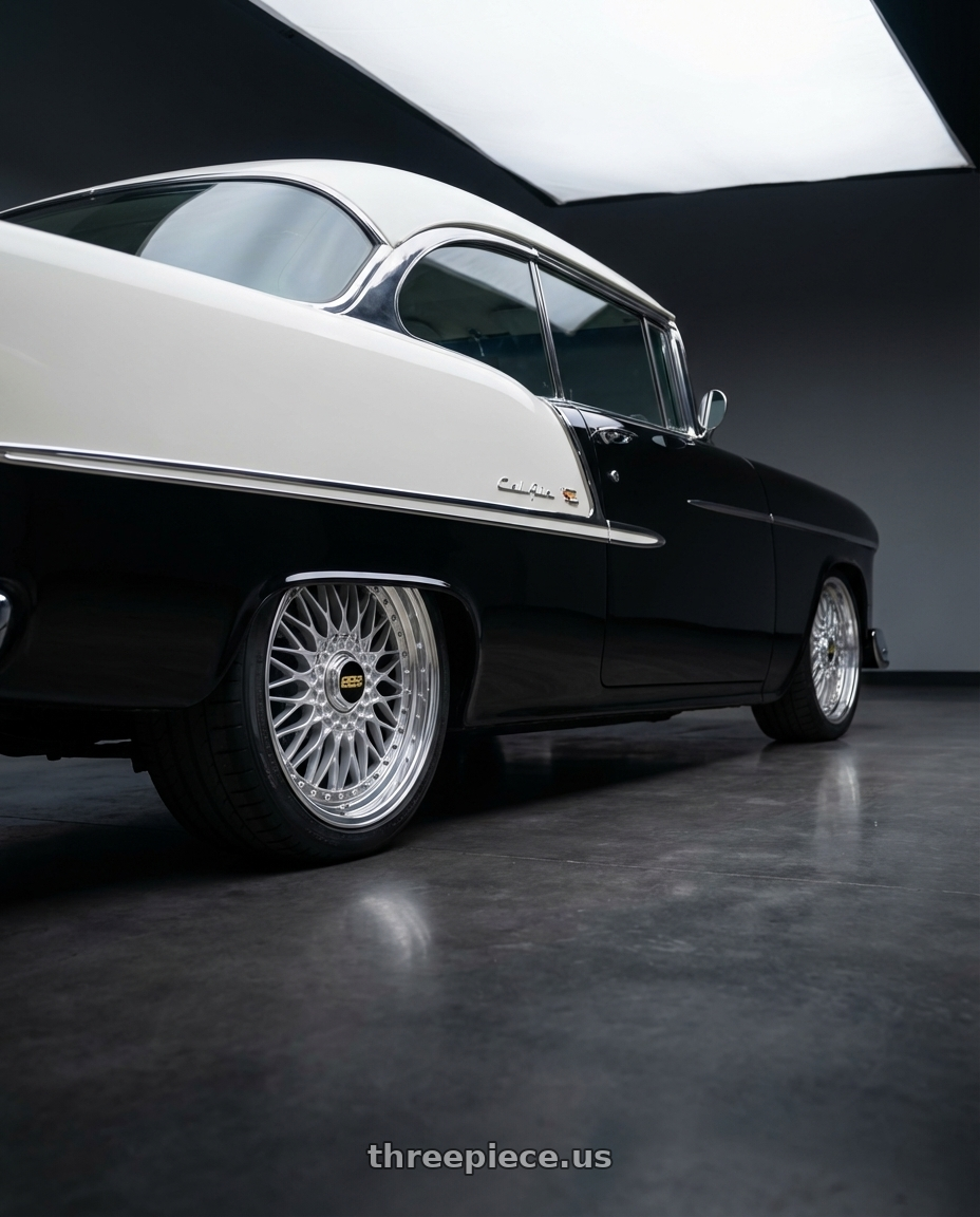 1955 Chevy Bel Air  with BBS Super-RS 5x112 19x9.0+42 Silver wheels rear three quarter view square tires