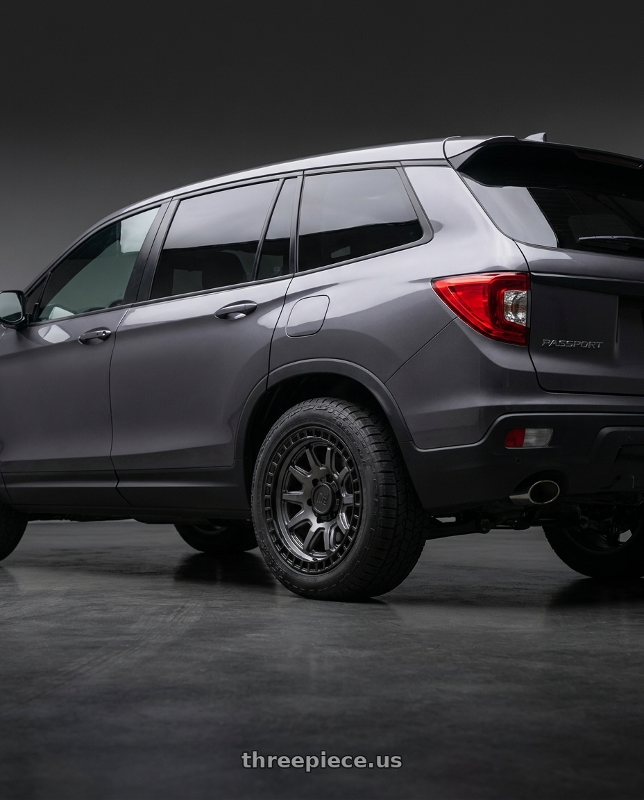 2021 Honda Passport with Black Rhino CALICO 5X120 17X8.5 +34 MATTE GUNMETAL W/ MATTE BLACK LIP wheels rear three quarter view square tires