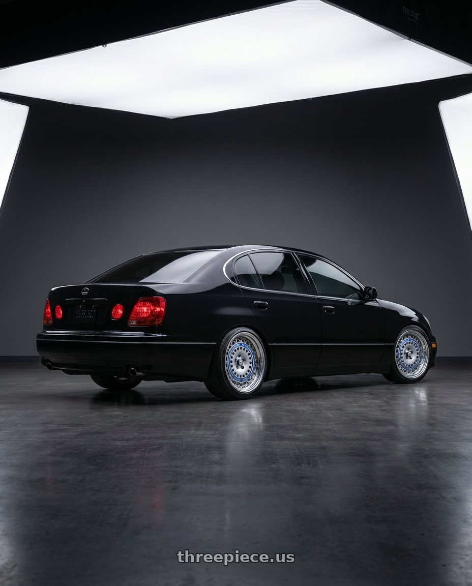 2003 lexus gs300 sport design with FORMULA AERO MESH 5x114.3 18X8+19 HP Disk Titan Silver wheels rear three quarter view slight stretch tires