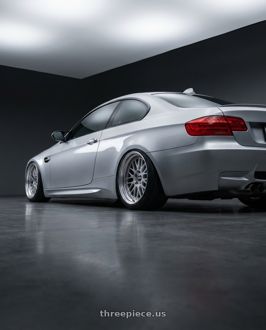 2012 BMW 3 Series E92 with ESR Wheels APEX SERIES AP5 5x120 19x9.5 +35 Hyper Silver wheels rear three quarter view slight stretch tires