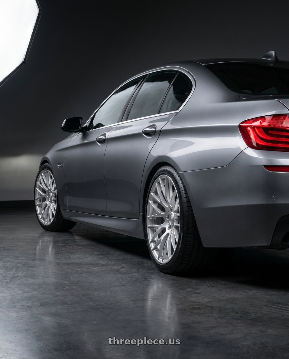 2016 BMW 5 Series F10 with Avant Garde Wheels M359 5X120 19x11 +25 Hyper Silver wheels rear three quarter view square tires