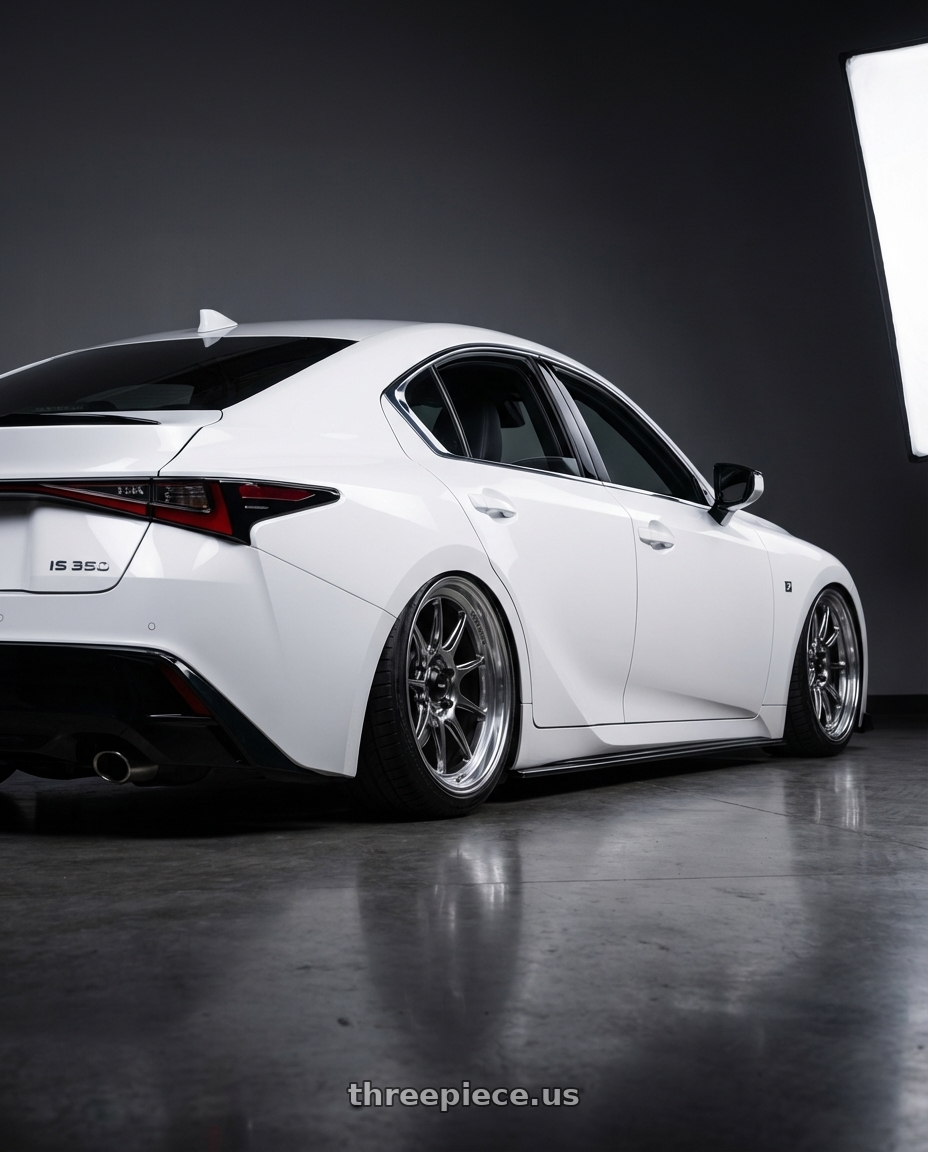 2024 Lexus IS 350 with Konig Countergram 5x114.3 19x11+18 Hyper Chrome / Machined Lip wheels rear three quarter view slight stretch tires