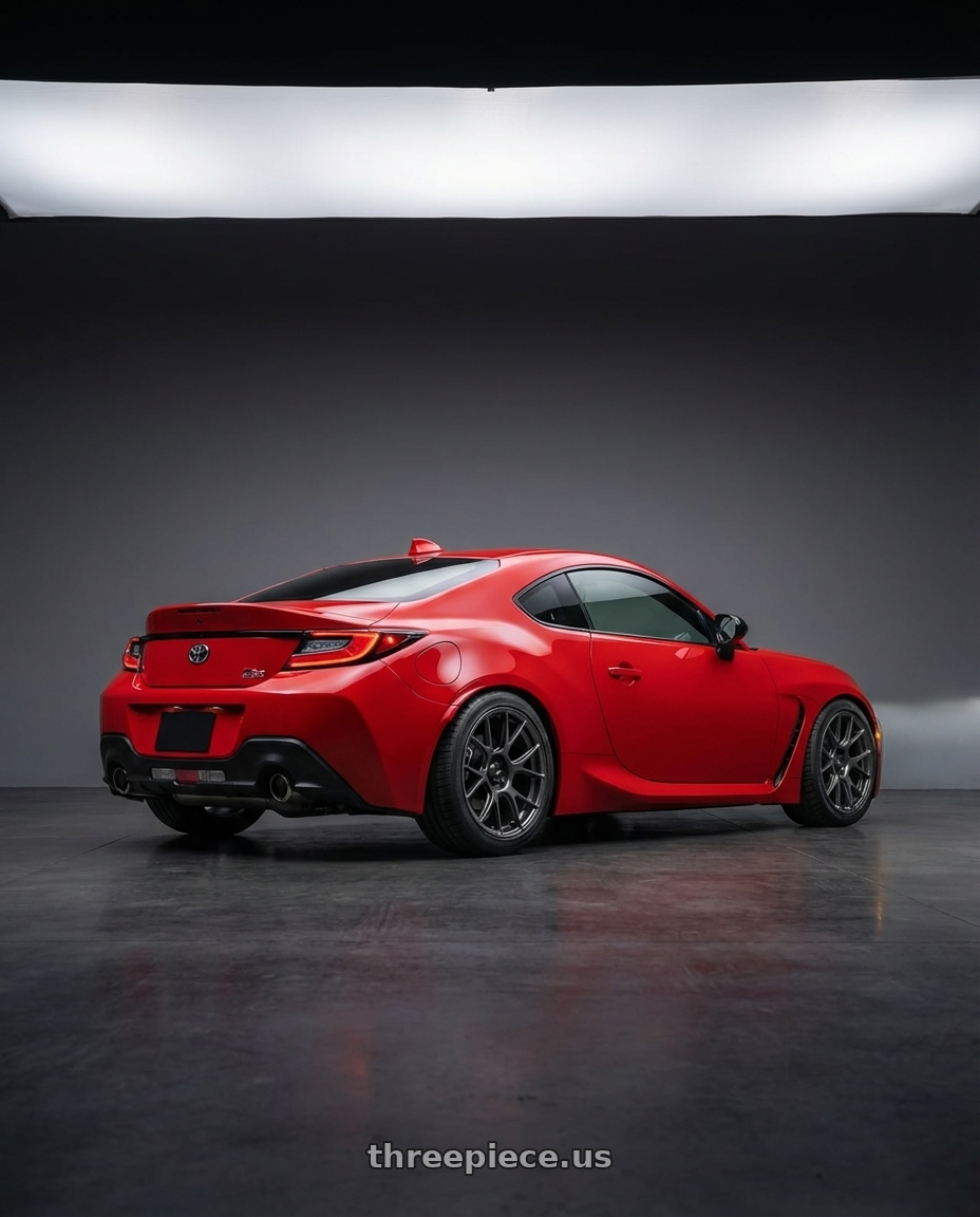 2024 Toyota GR86 with Konig Ampliform 5x114.3 18x9.5+25 Dark Metallic Graphite wheels rear three quarter view square tires