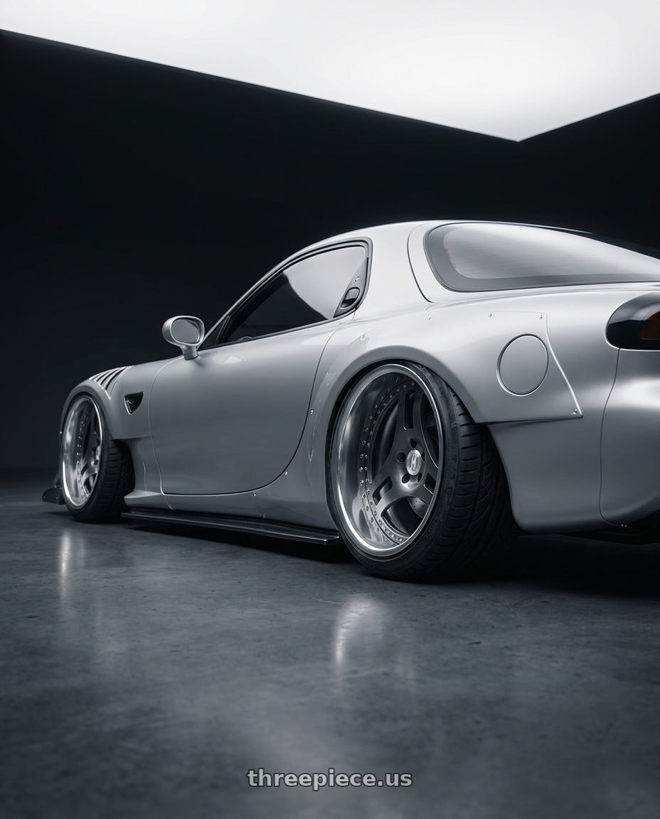 1993 Mazda RX7 with Heritage Wheel TSUKUBA wheels rear three quarter view extreme stretch tires