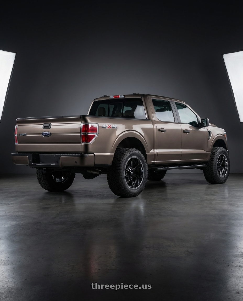2013 Ford F-150 with Moto Metal MO201 6X135/6X139.7 20X12 -44 GLOSS BLACK MILLED CENTER CHROME LIP wheels rear three quarter view meaty tires