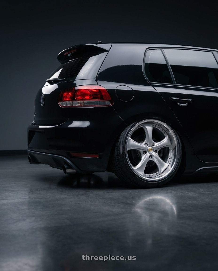 2013 Volkswagen GTI with Work Wheels VS-KF 5x112 18x8.5+47 Light Grey Silver A Disk FULL REVERSE wheels rear three quarter view slight stretch tires
