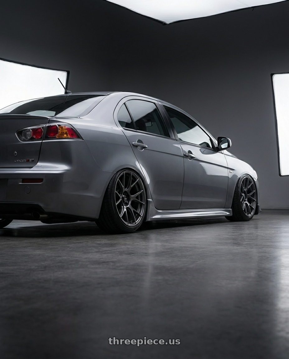 2014 Mitsubishi Lancer Ralliart with Konig Ampliform 5x114.3 18x8.5+45 Dark Metallic Graphite wheels rear three quarter view slight stretch tires