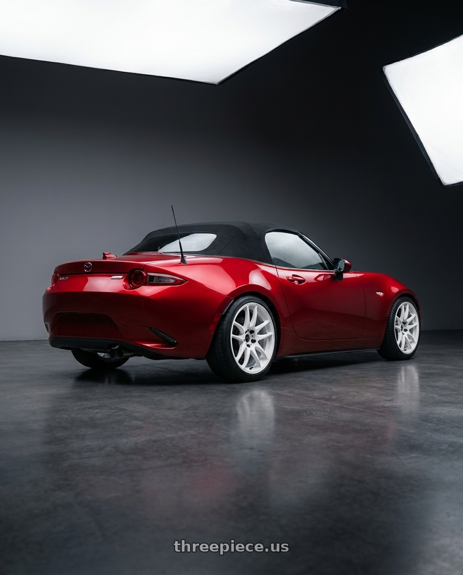 2024 mazda mx5  with Work Emotion Cr Kiwami 4x100 17x7 +38 White wheels rear three quarter view square tires