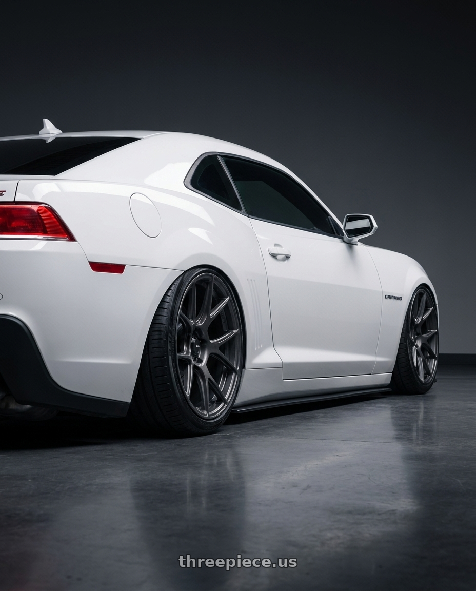 2014 Chevrolet Camaro 5th Gen with Konig Ampliform 5x120 20x8.5+45 Dark Metallic Graphite wheels rear three quarter view slight stretch tires