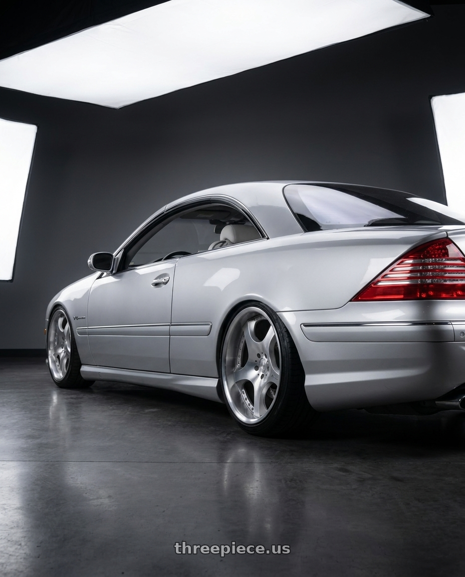 2005 Mercedes CL65 AMG with MRR VP3 5x108 20x10.5  +40 Silver Machine Face wheels rear three quarter view extreme stretch tires