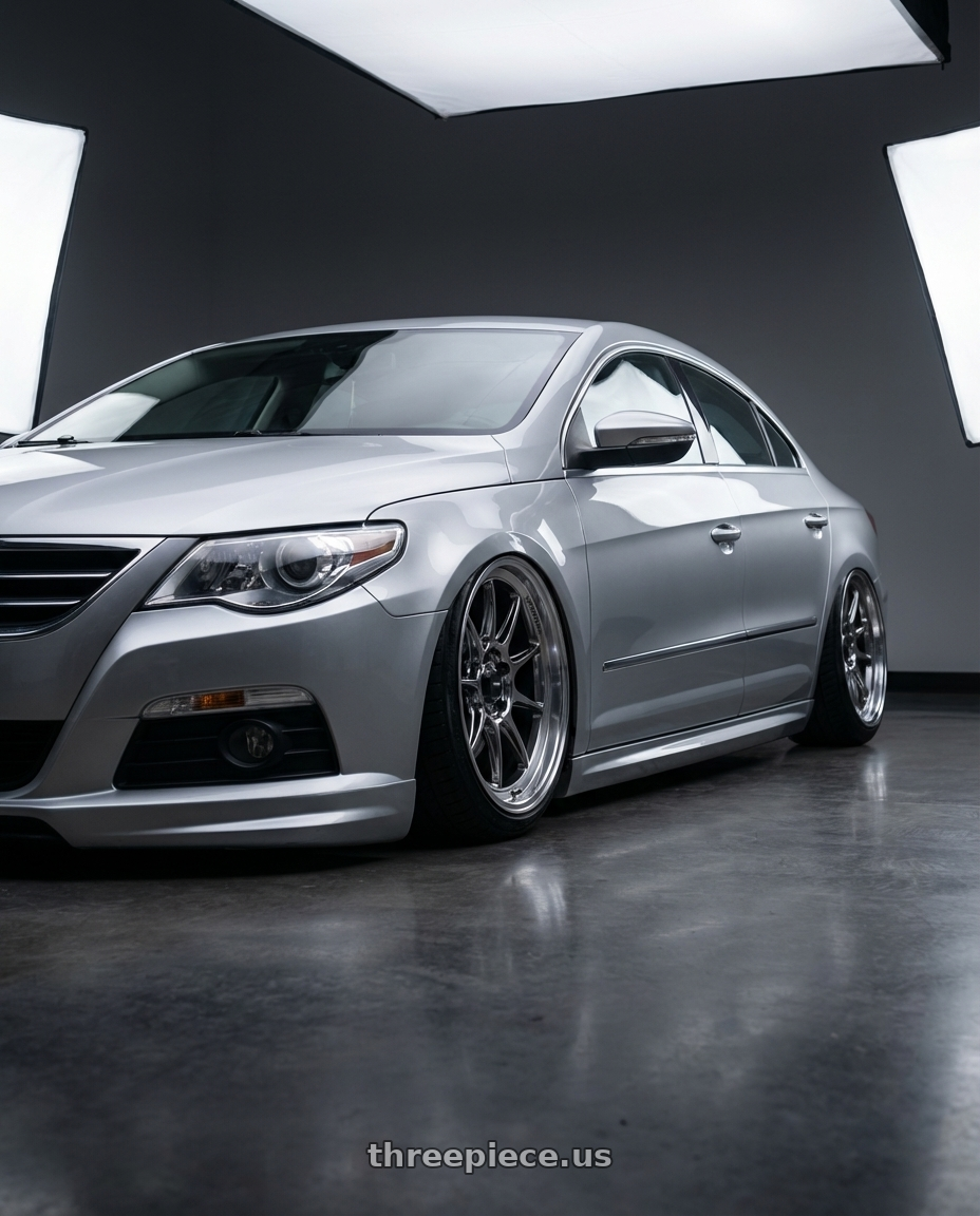 2015 Volkswagen CC with Konig Countergram 5x112 19x8.5+43 Hyper Chrome / Machined Lip wheels front three quarter view stanced stance