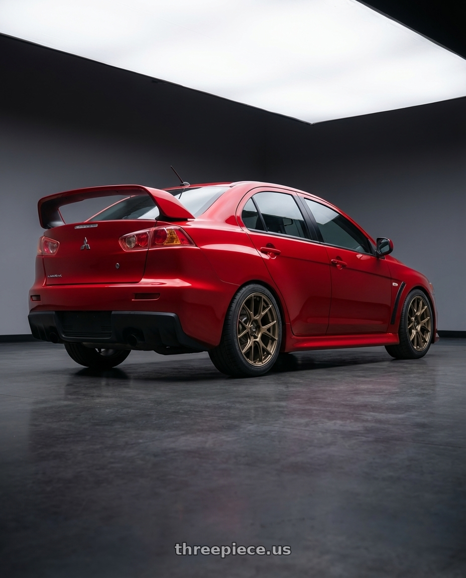 2012 Mitsubishi Lancer Evo X with Konig Ampliform 5x114.3 18x8.5+35 Gloss Bronze wheels rear three quarter view square tires