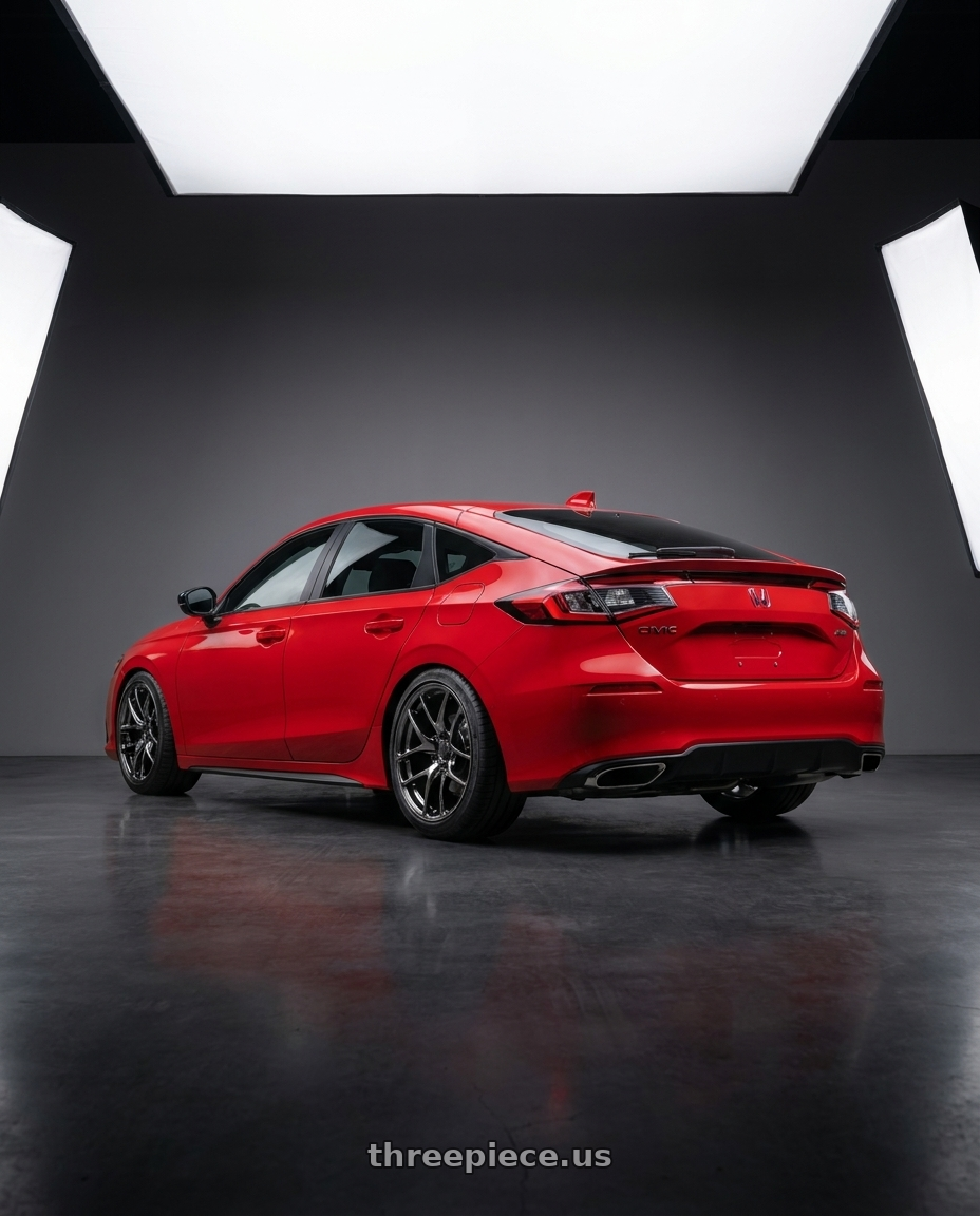 2024 Honda Civic with Volk Racing NE24 5x114.3 18x8.5+35 Shining Black Metal wheels rear three quarter view square tires