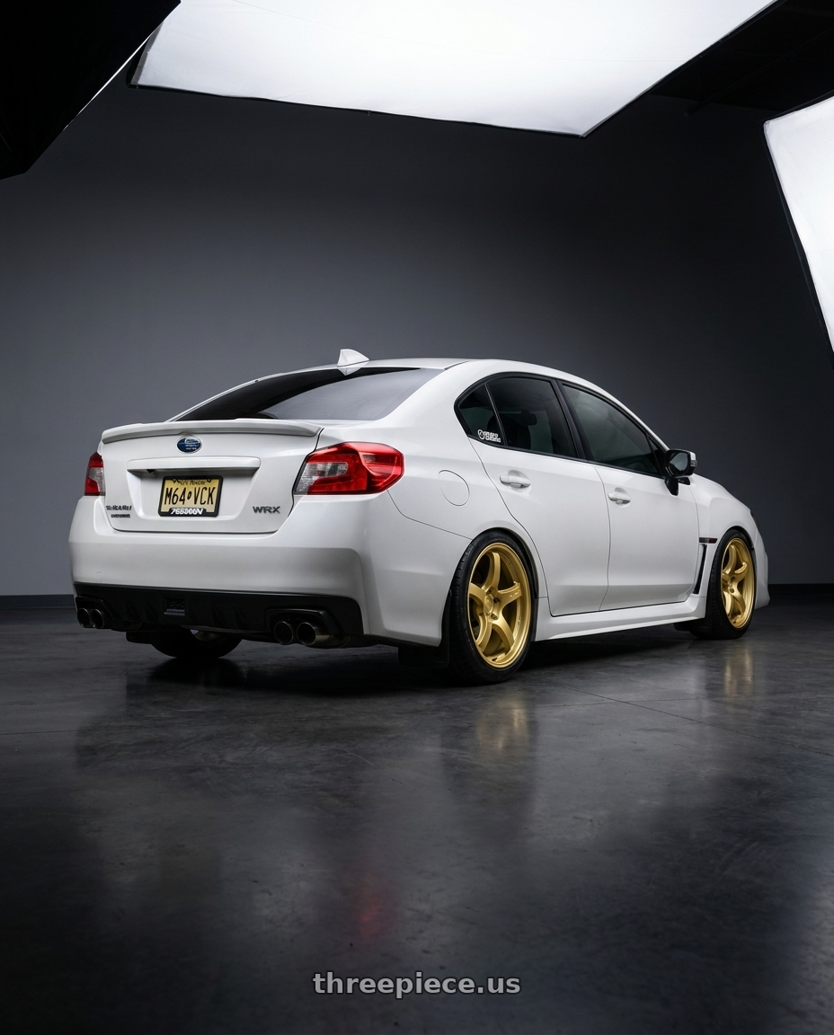 2017 Subaru WRX Limited Crystal with Gram Lights 57CR 5x114.3 18x9.5 +38 E8 Gold wheels rear three quarter view slight stretch tires