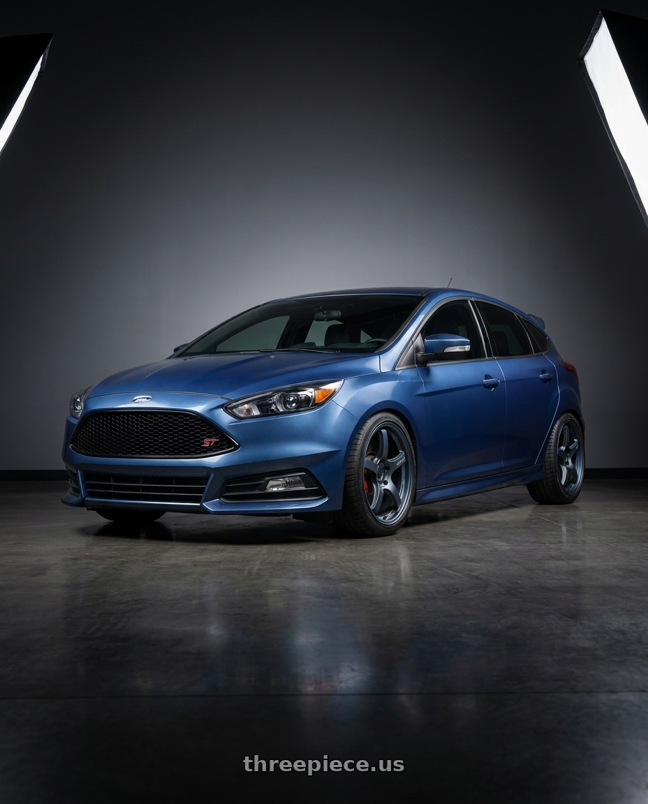 2018 Ford Focus ST with Gram Lights 57CR 5x108 18x8.5 +37 GUNBLUE II wheels front three quarter view lowered stance
