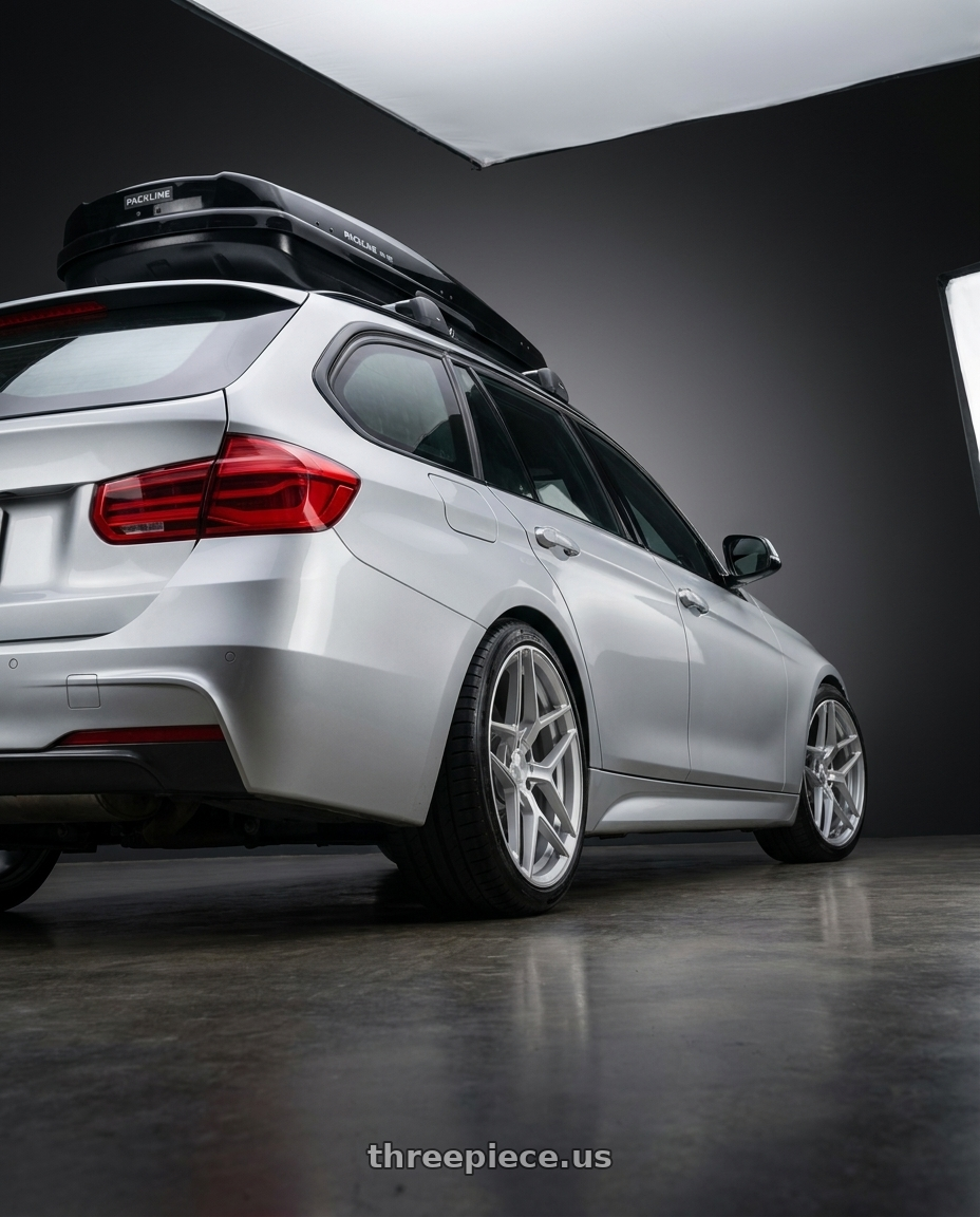 2016 F31 Touring  with Avant Garde Wheels M650 BLANK 20x9.5 +BLANK Silver Machine wheels rear three quarter view square tires