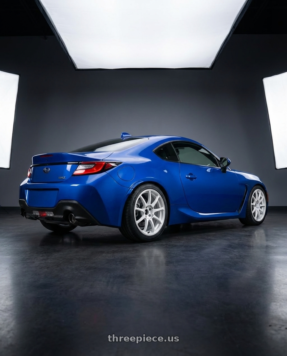 2024 Subaru BRZ with Advan RCIII 5x114.3 18x8.5+53 White wheels rear three quarter view square tires