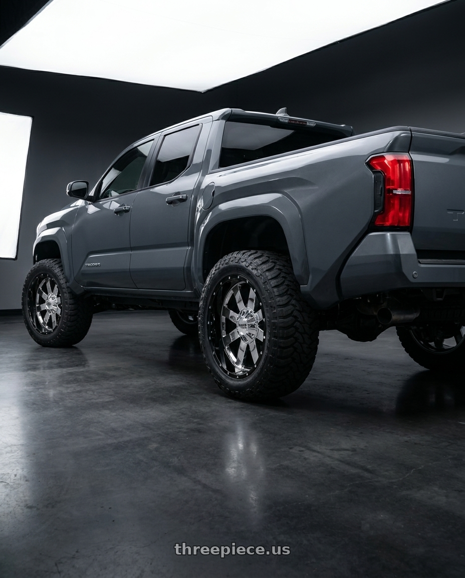 2024 toyota tacoma 4th gen sr 4 door with Moto Metal MO200 5X127 20X10 -18 CHROME CENTER GLOSS BLACK MILLED LIP wheels rear three quarter view meaty tires