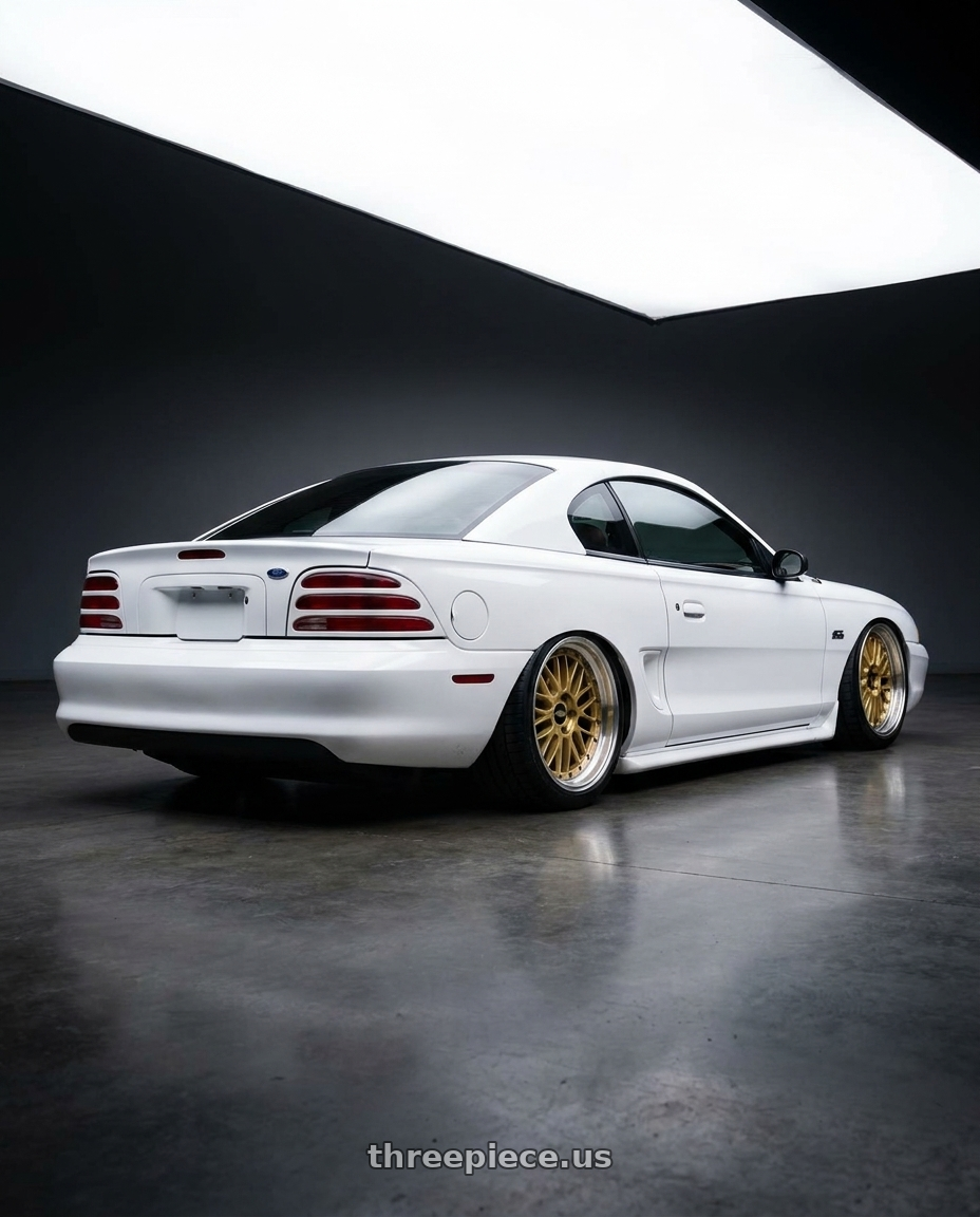 1994 FORD MUSTANG GT with BBS LM 5x114.3 18x9.0+42 Gold wheels rear three quarter view square tires