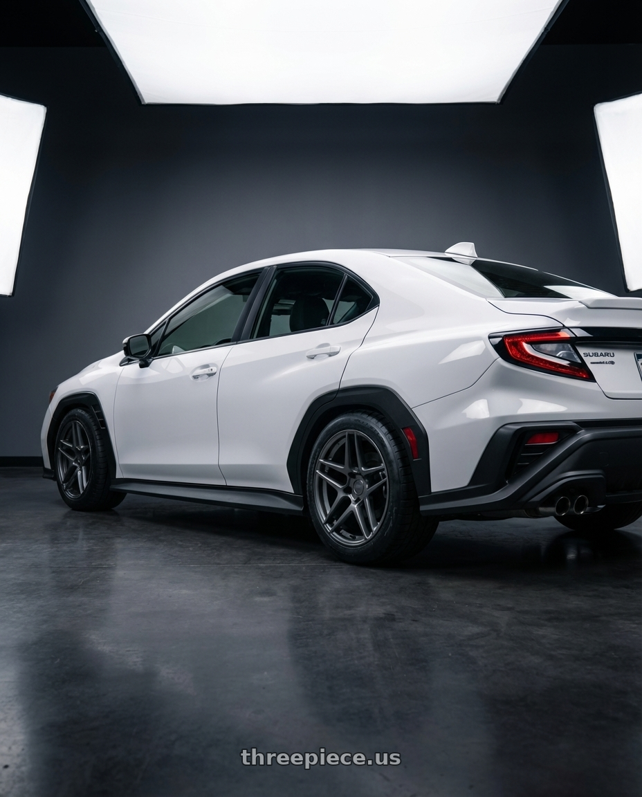 2023 subaru wrx, ceramic white with Kansei K15G Astro 5x114.3 18x9.5 35 Gunmetal wheels rear three quarter view meaty tires