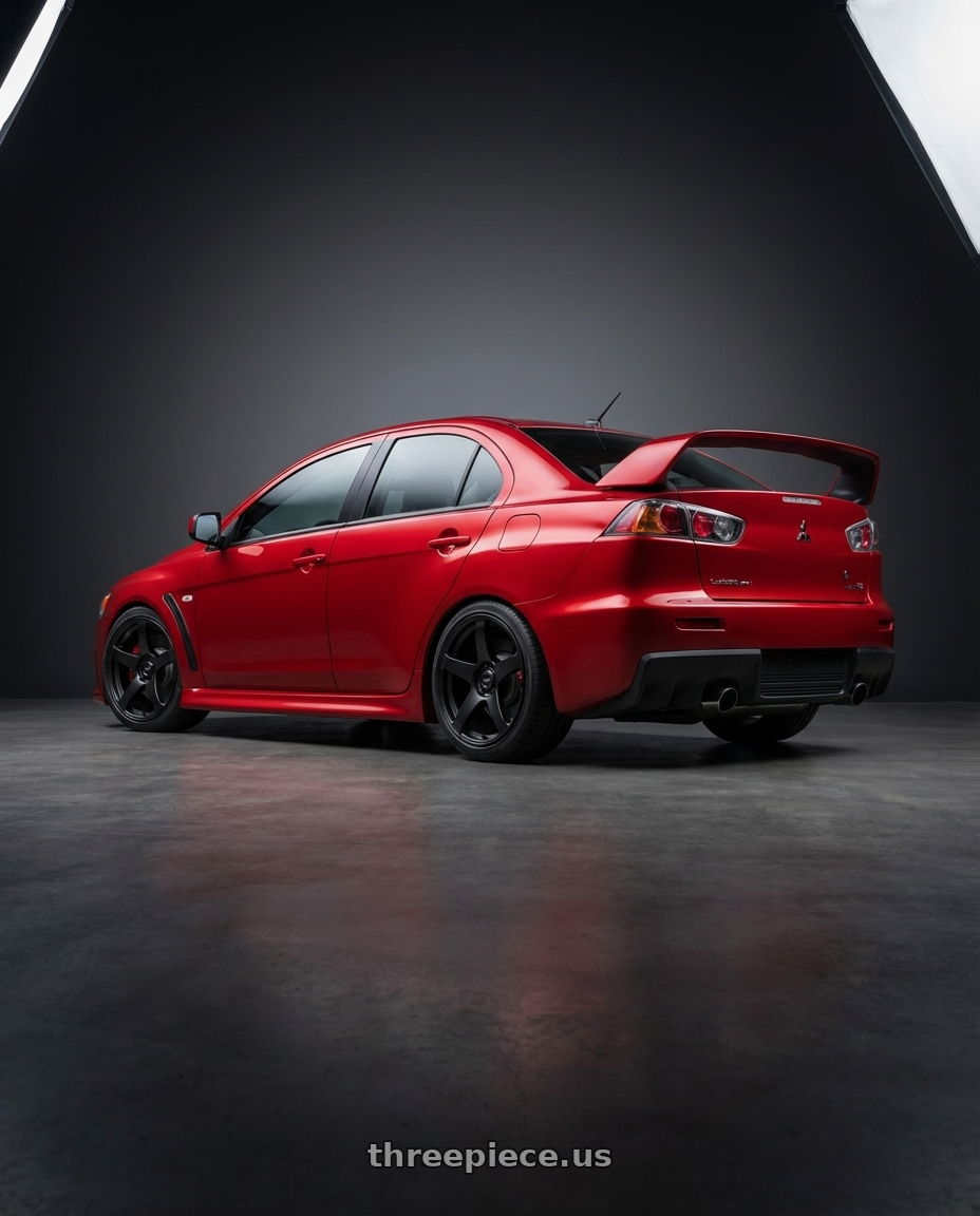 2012 Mitsubishi Lancer Evo X with Ssr Gtv01 5x114.3 18x9+35  FLAT BLACK wheels rear three quarter view square tires